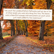 An autumn park path lined with orange and red trees, covered with fallen leaves, with a white text box overlaid containing a quote about a Halloween trip.