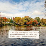 A scenic lake view in autumn with colorful fall trees along the shore under a cloudy sky, with a white text box overlaid containing a reflective quote.