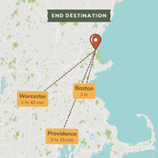 A stylized map graphic showing an end destination near Boston, with dashed route lines and labeled travel times to Worcester (1 hr 40 min), Boston (1 hr), and Providence (2 hr 15 min).