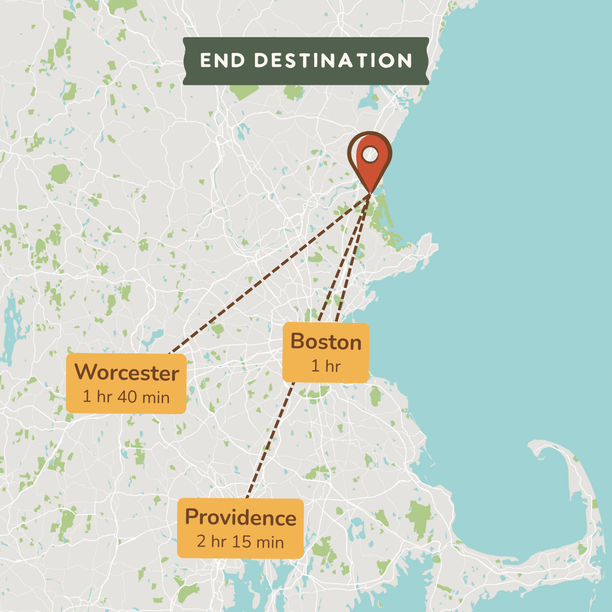 A stylized map graphic showing an end destination near Boston, with dashed route lines and labeled travel times to Worcester (1 hr 40 min), Boston (1 hr), and Providence (2 hr 15 min).