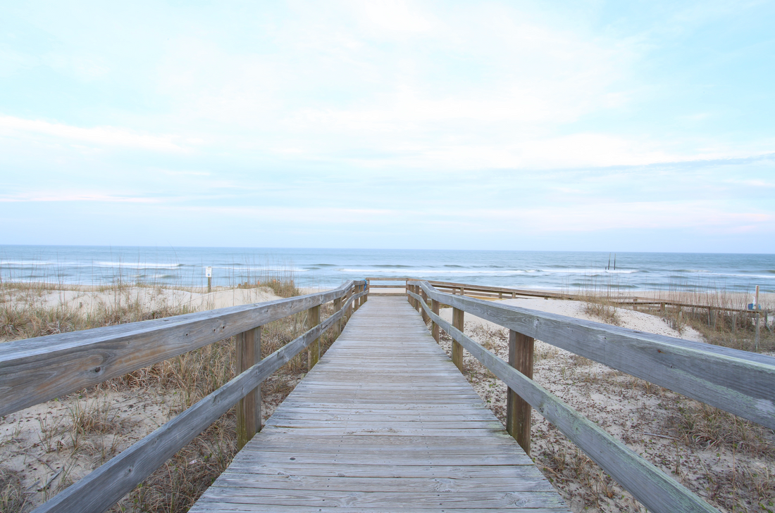 Boardwalk leading to a beach.