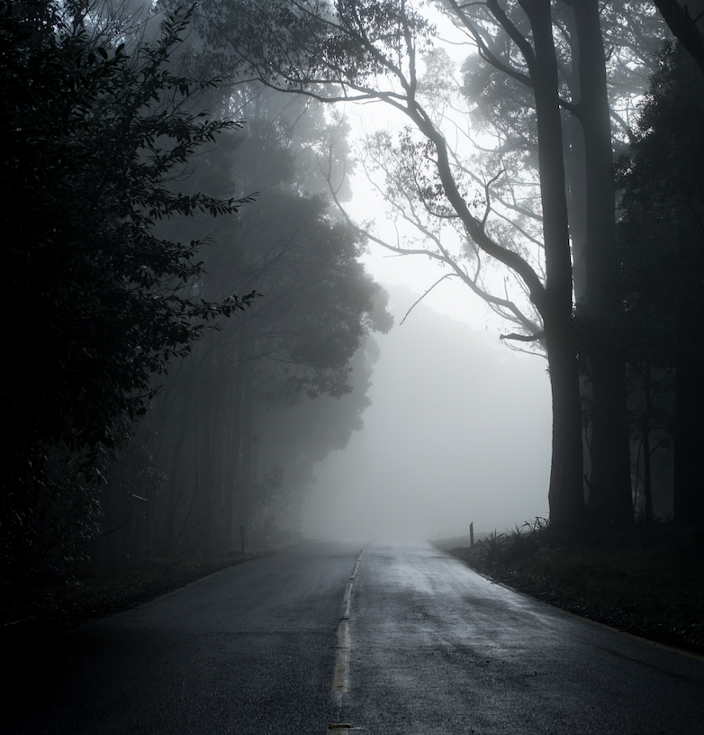 Spooky black and white photo of a road on a foggy day.