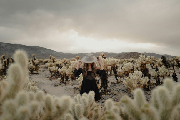 A person standing among tall cactus plants in a desert landscape with mountains in the background.