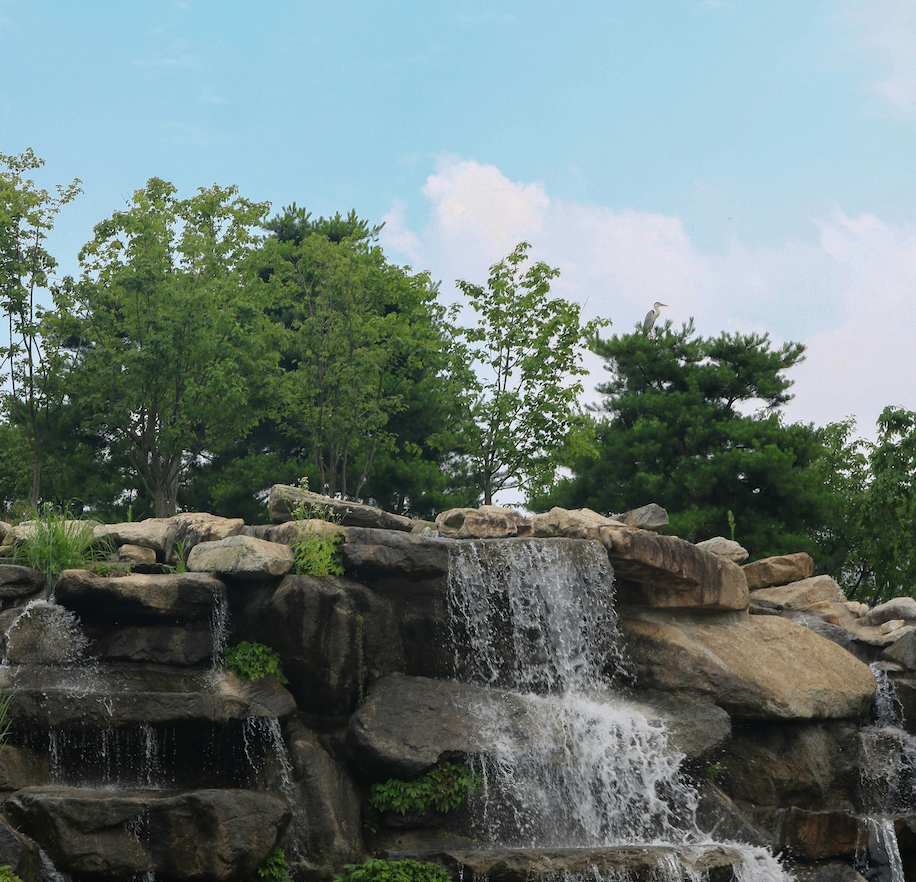 Scenic waterfall underneath trees and blue skies.
