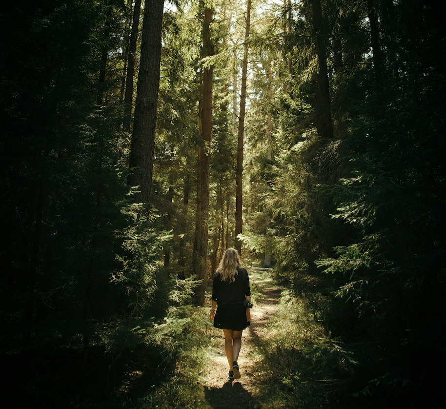 Woman walking on a forest trail surrounded by tall trees