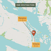 A stylized map graphic showing the end destination from Victoria to Nanaimo, with travel time labels 'Nanaimo 1 hr 40 min' and 'Victoria 30 min' and a red pin marker between the two locations.