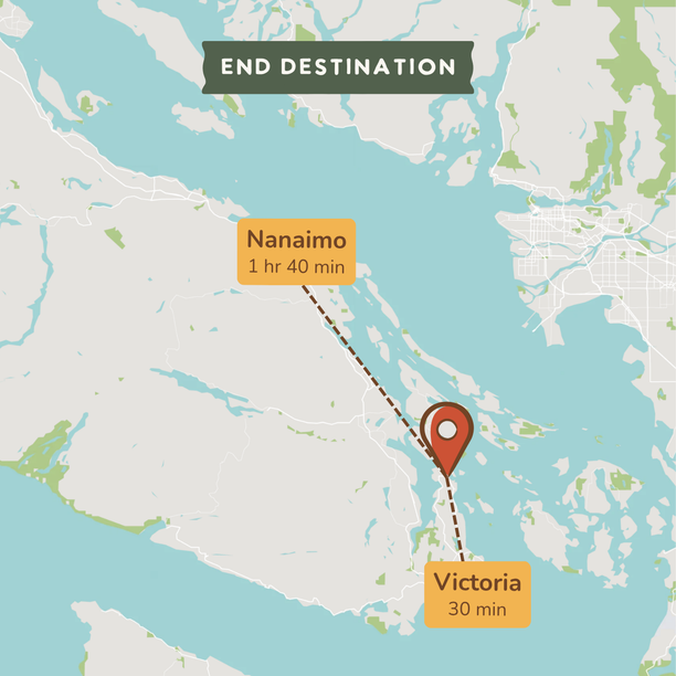 A stylized map graphic showing the end destination from Victoria to Nanaimo, with travel time labels 'Nanaimo 1 hr 40 min' and 'Victoria 30 min' and a red pin marker between the two locations.