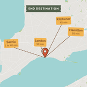 A stylized map graphic showing an end destination with a red pin marker near the coast. Labels point to nearby locations: Sarnia, London, Kitchener, and Hamilton, with travel times written on orange boxes.