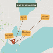 A stylized map graphic showing an end destination with labeled location callouts: Windsor 45 min, Sarnia 2 hr, Chatham 1 hr, and London 2 hr 15 min, connected by dashed brown lines to a red pin marker on a pale map background.