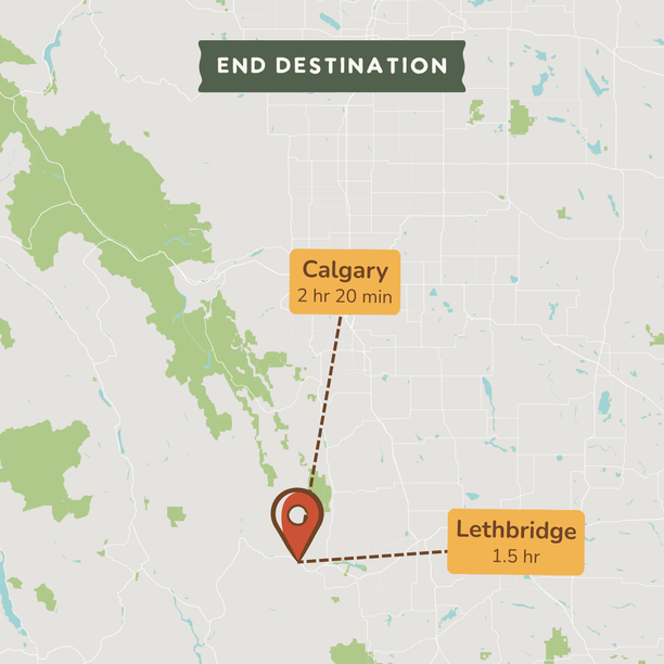 A map-style destination graphic showing a red location pin between labeled boxes for Calgary (2 hr 20 min) and Lethbridge (1.5 hr), with a dark header reading END DESTINATION.