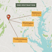 A map-style destination graphic showing a red location pin with dashed lines to three labeled cities: Baltimore (1 hr 45 min), Washington (1 hr 15 min), and Fredericksburg (1.5 hr) on a light gray map background.