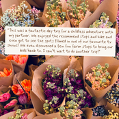 A collage of colorful flower bouquets wrapped in brown paper, with a white text box overlaid in the center containing a customer review about a farm day trip.