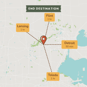 A map-style destination graphic showing a central pin with dashed lines pointing to four cities: Flint 1 hr, Lansing 1 hr, Detroit 50 min, and Toledo 1 hr, with the heading 'END DESTINATION' at the top.