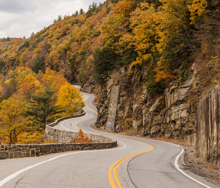 A winding paved road curves through a rocky mountain pass lined with autumn trees in yellow, orange, and green foliage under an overcast sky.