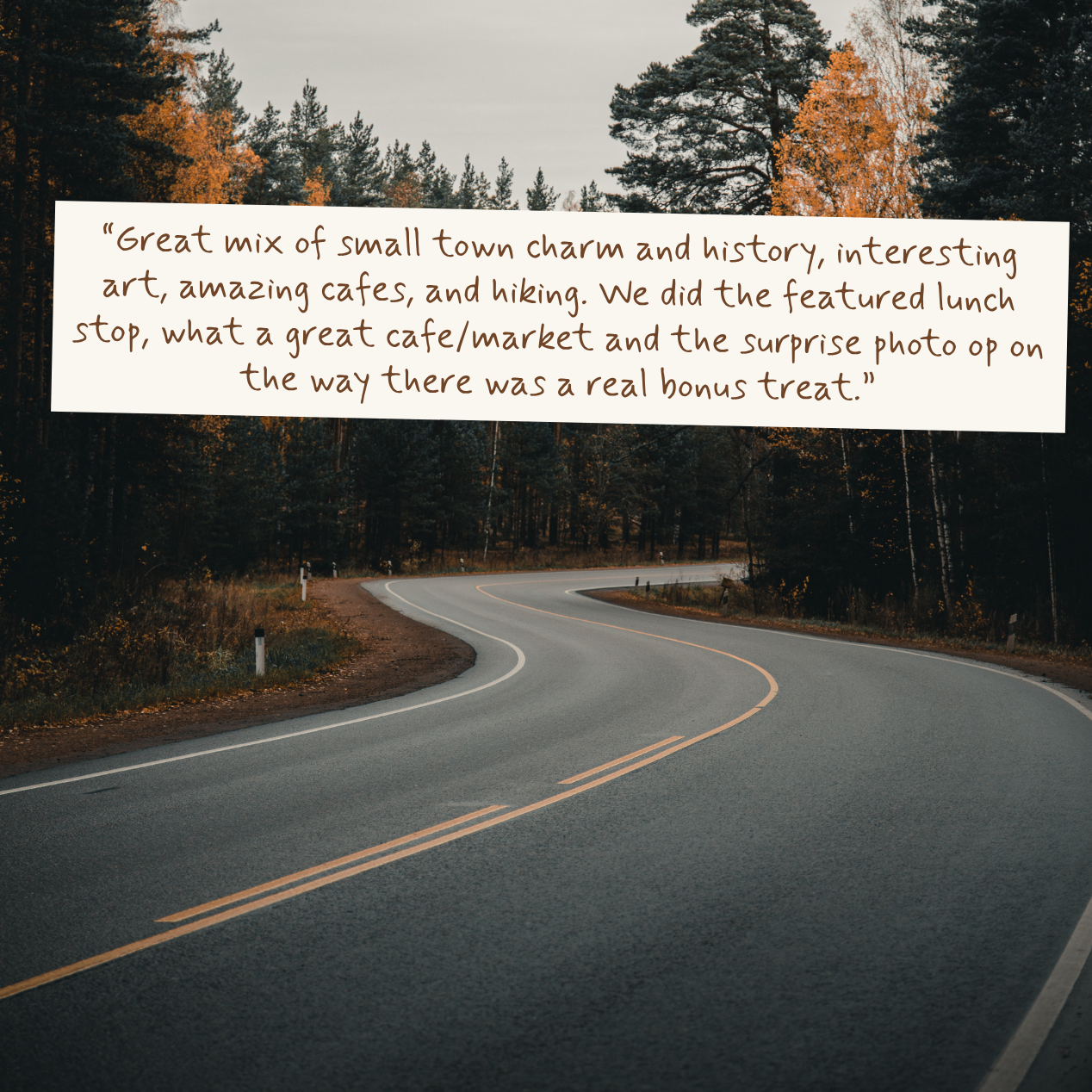 A winding asphalt road curves through a forested area with trees and autumn foliage in the background. A white rectangular text box is overlaid near the top center with a customer review quote in brown lettering.