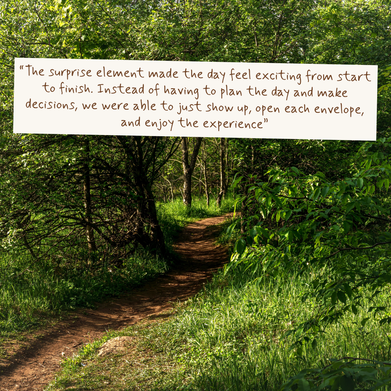 A wooden sign with a quote is placed on a dirt path in a lush green forest. The quote reads: 'The surprise element made the day feel exciting from start to finish.