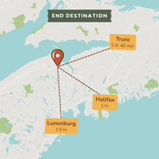 A map-style destination graphic showing a red location pin over a coastal region, with labeled travel times to Truro, Halifax, and Lunenburg.
