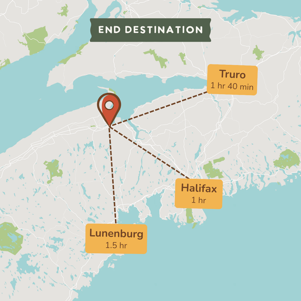 A map-style destination graphic showing a red location pin over a coastal region, with labeled travel times to Truro, Halifax, and Lunenburg.