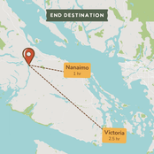 A map-style destination graphic showing a location pin near Nanaimo, with a dashed line pointing to Victoria labeled 2.5 hr, under a dark label reading END DESTINATION.