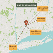 A map-style destination graphic showing a central pin near New Haven, with dashed lines and labels pointing to Springfield (1.5 hr), Hartford (1 hr 10 min), New Haven (1 hr 10 min), and Newark (2 hr).