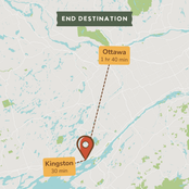 A map-style destination graphic showing a red location pin between Kingston and Ottawa, with labels reading 'END DESTINATION,' 'Ottawa 1 hr 40 min,' and 'Kingston 30 min.'.