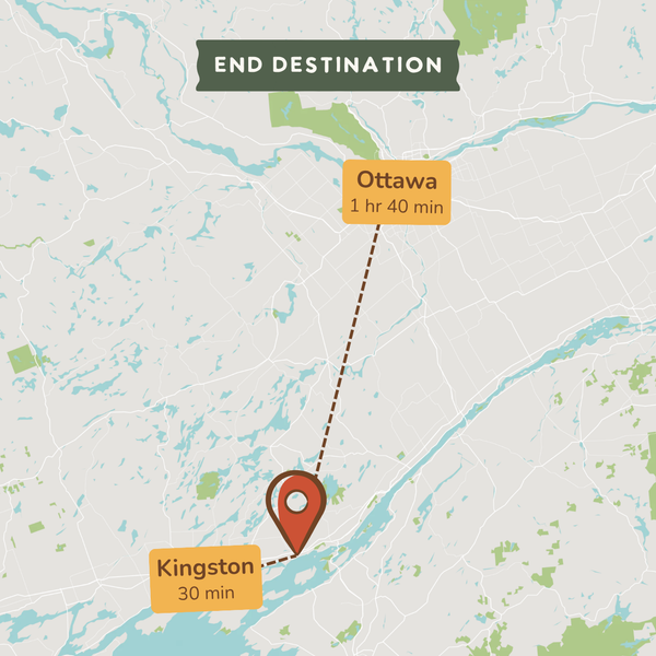 A map-style destination graphic showing a red location pin between Kingston and Ottawa, with labels reading 'END DESTINATION,' 'Ottawa 1 hr 40 min,' and 'Kingston 30 min.'.