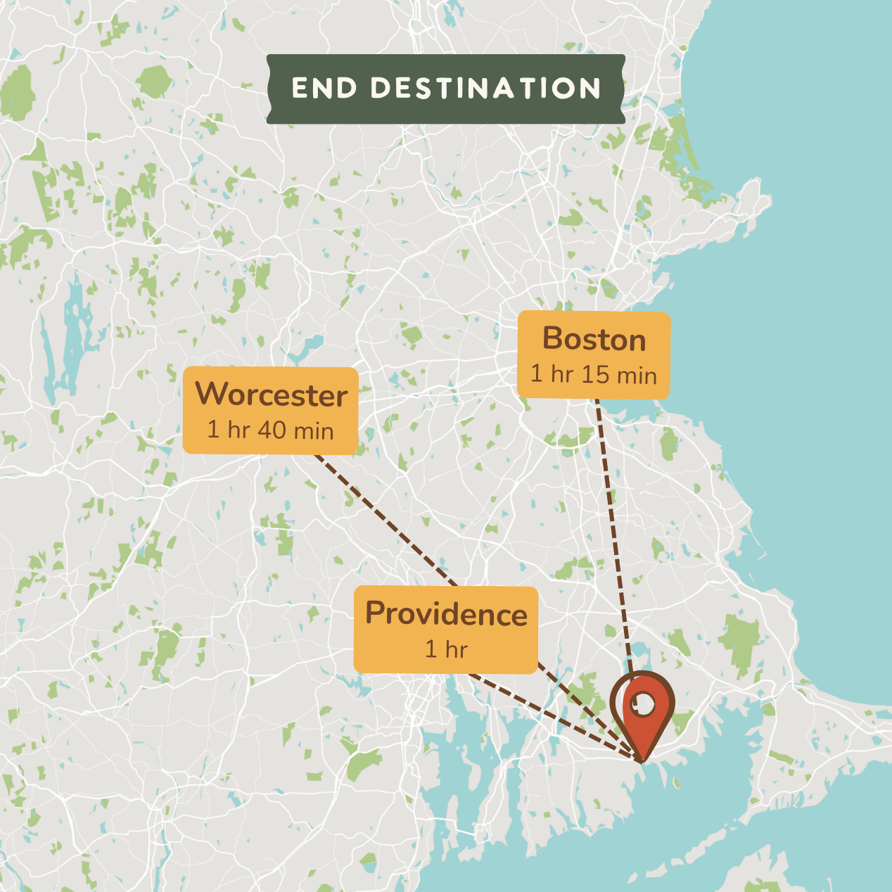A map-style destination graphic showing a location near Boston, Providence, and Worcester with labeled travel times. The image includes a dark green banner reading “END DESTINATION” and orange callout boxes for Worcester, Providence, and Boston, with a red pin marking the destination.