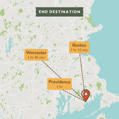 A map-style destination graphic showing a location near Boston, Providence, and Worcester with labeled travel times. The image includes a dark green banner reading “END DESTINATION” and orange callout boxes for Worcester, Providence, and Boston, with a red pin marking the destination.