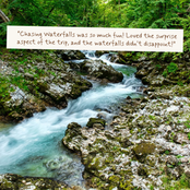 A scenic photograph of a rushing forest waterfall over mossy rocks, with a white text banner across the top containing a customer review quote.