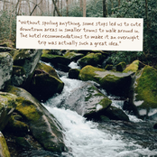 A scenic photograph of a rushing stream with mossy rocks in a forest, overlaid with a beige quote card containing brown text.