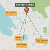 A map-style destination graphic showing a central pin labeled 'END DESTINATION' with dashed lines pointing to four locations and their travel times: Parry Sound (1 hr), Barrie (1.5 hr), Newmarket (2 hr), and Peterborough (2 hr 15 min).