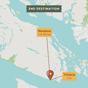 A map-style graphic showing an end destination with labeled locations Nanaimo and Victoria, connected by a dashed line and a red pin marker, on a light gray and blue map background.