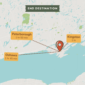 A travel map graphic showing an end destination with a red location pin near Kingston, with dashed lines and labels pointing to Peterborough (1 hr 50 min) and Oshawa (1 hr 45 min).