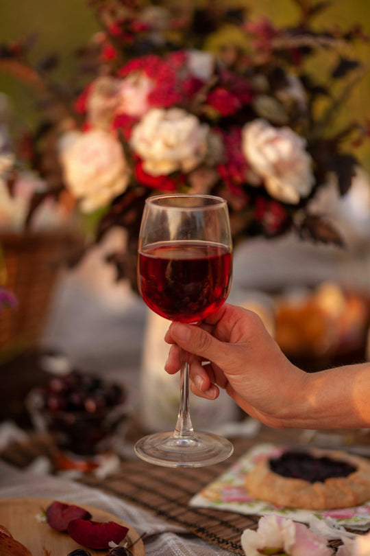 Hand holding a glass of wine at a winery