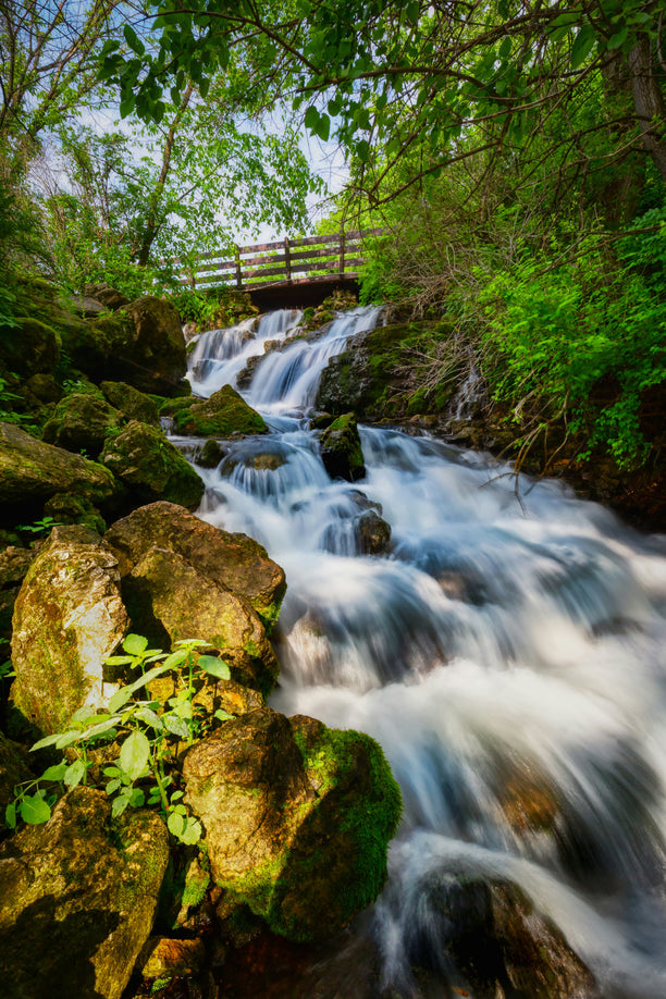 A scenic view of a waterfall surrounded by greenery with a bridge in the background.