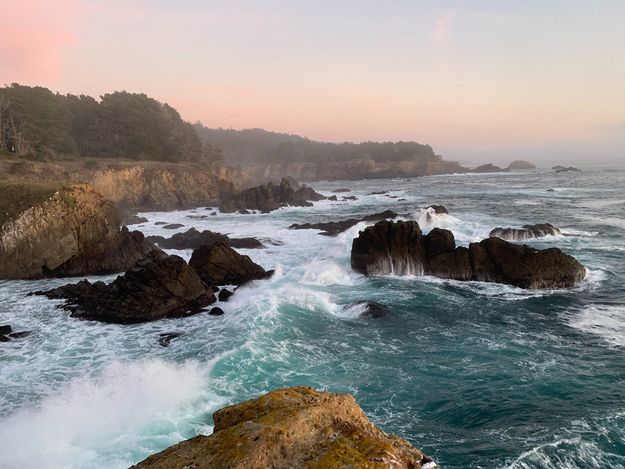 Pacific ocean with waves breaking against rocks.