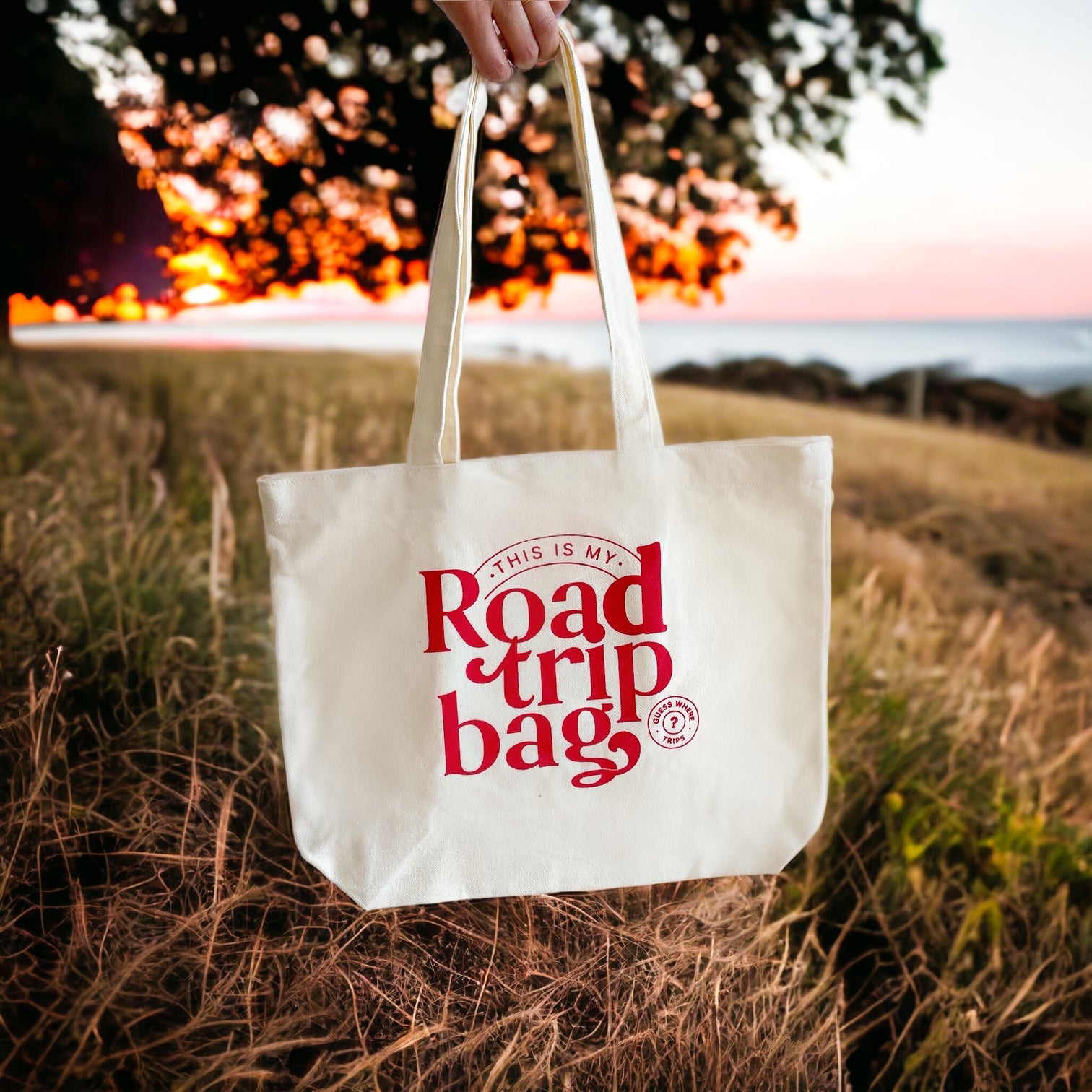 Tote bag with red writing