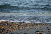Pebbly beach with water.