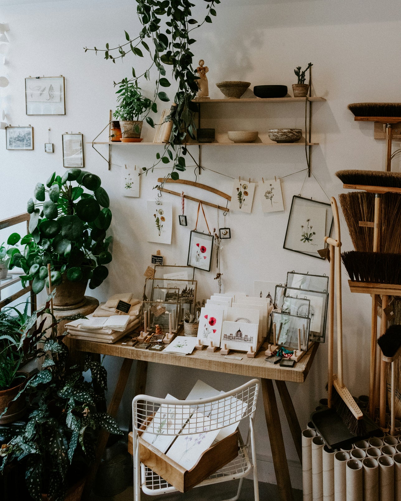Artist's workshop with drawings of flowers.
