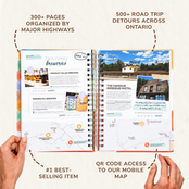 An open spiral-bound detour diaries travel guide or road trip map book displayed on a light beige background, with hands holding the bottom corners. The pages feature travel articles, maps, and QR code references, with marketing text around the product highlighting over 300 pages, road trip detours across Ontario, and QR code mobile map access.