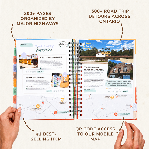 An open spiral-bound detour diaries travel guide or road trip map book displayed on a light beige background, with hands holding the bottom corners. The pages feature travel articles, maps, and QR code references, with marketing text around the product highlighting over 300 pages, road trip detours across Ontario, and QR code mobile map access.