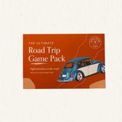 The Ultimate Road Trip Game Pack book cover by Guess Where You Go, featuring a retro orange background with a blue and cream Volkswagen Beetle illustration.