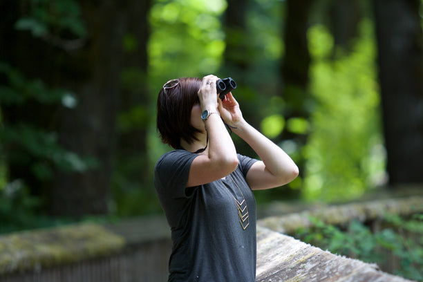 A woman taking a photo of tall trees in a forest.